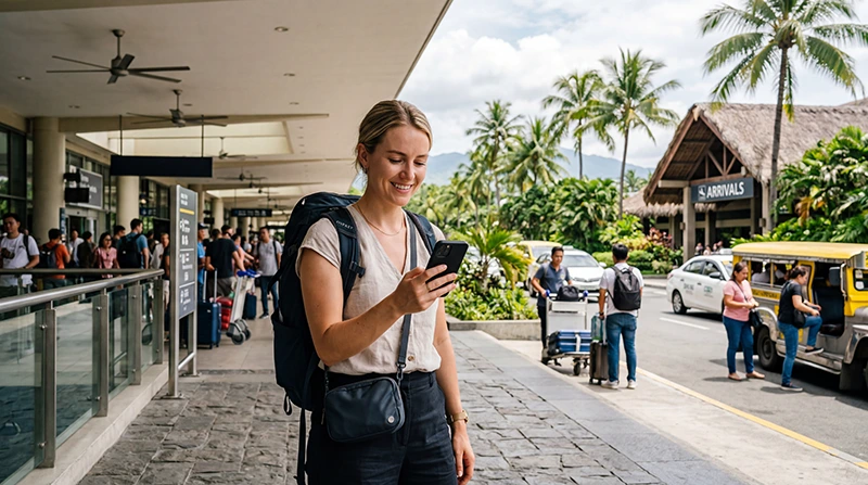 Traveler checking whether their eSIM works in the Philippines while arriving at a tropical destination