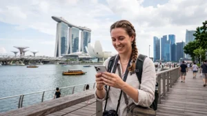 Traveler checking if eSIM works in Singapore using smartphone at Marina Bay and Changi Airport