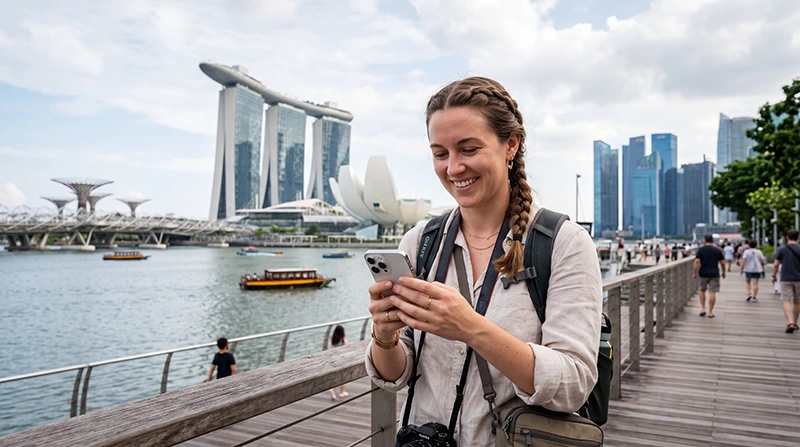 Traveler checking if eSIM works in Singapore using smartphone at Marina Bay and Changi Airport