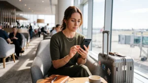 Traveler checking if their phone supports eSIM before traveling to Australia