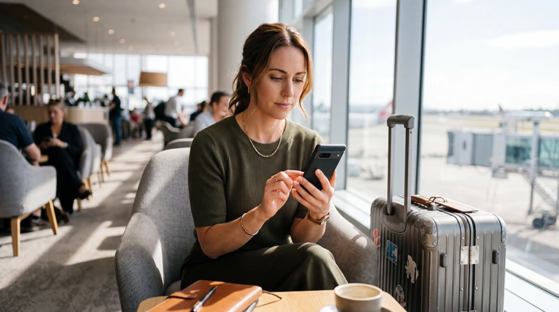 Traveler checking if their phone supports eSIM before traveling to Australia