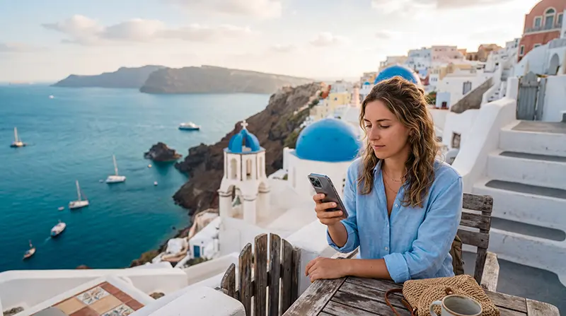 Tourist checking if a phone supports eSIM before traveling to Greece