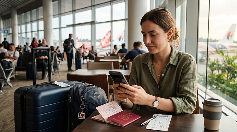 Traveler checking if a smartphone supports eSIM before traveling to Malaysia