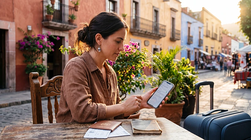 Traveler checking if phone supports eSIM before traveling to Mexico
