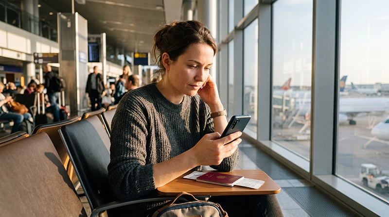 Traveler checking smartphone eSIM compatibility before visiting North Cyprus
