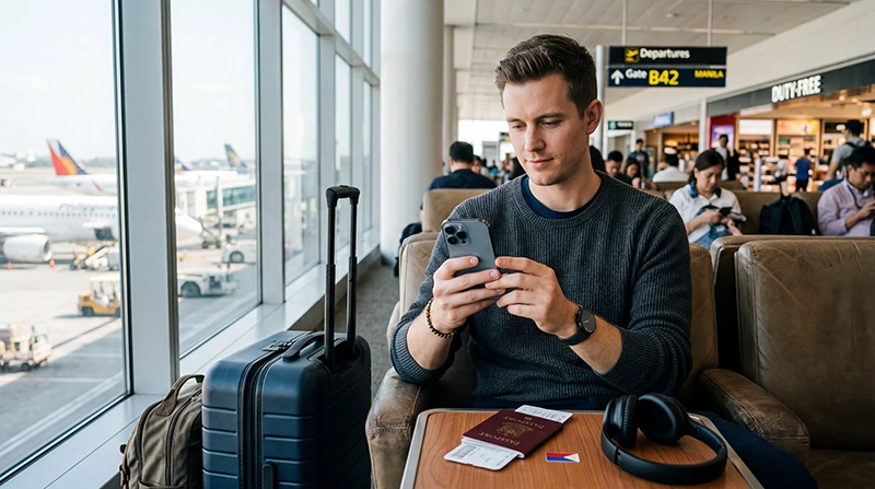Traveler checking eSIM compatibility on a smartphone before traveling to the Philippines