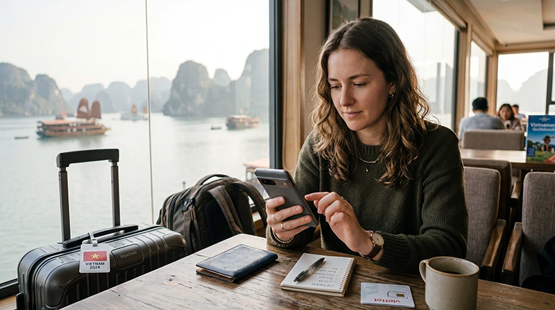 Traveler checking if their phone supports eSIM before traveling to Vietnam