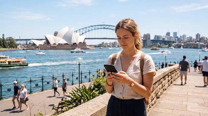 Traveler using WhatsApp in Australia with an eSIM mobile data connection