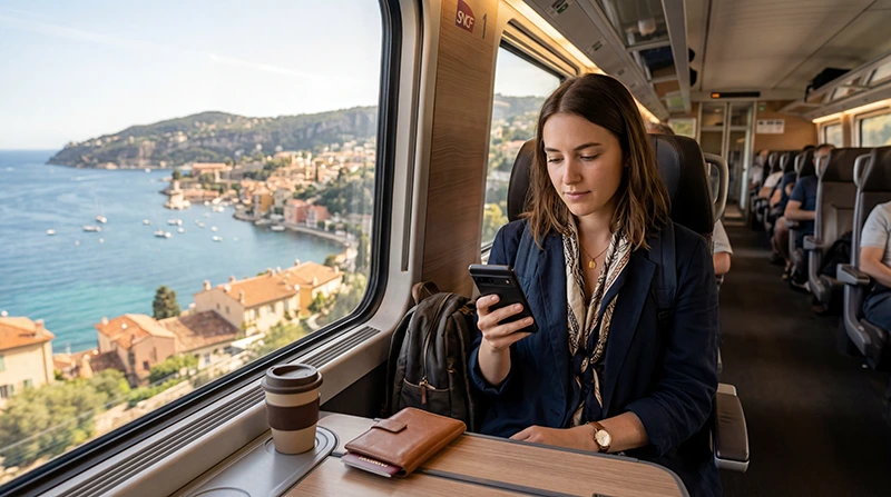 Traveler using WhatsApp with France eSIM mobile internet while traveling in France