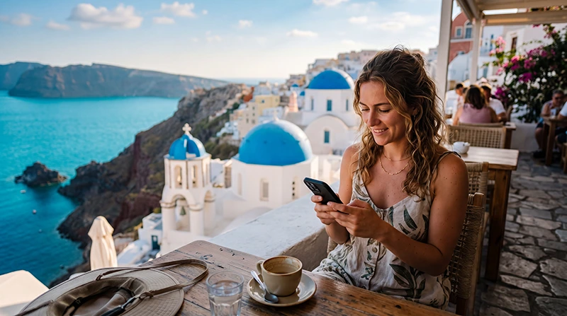 Traveler using WhatsApp with a Greece eSIM while enjoying a Greek island vacation