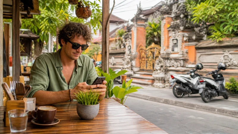 Traveller using a smartphone at an outdoor cafe in Bali, Indonesia.