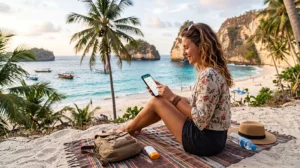 Traveler using WhatsApp on a smartphone while traveling in Indonesia with an eSIM connection