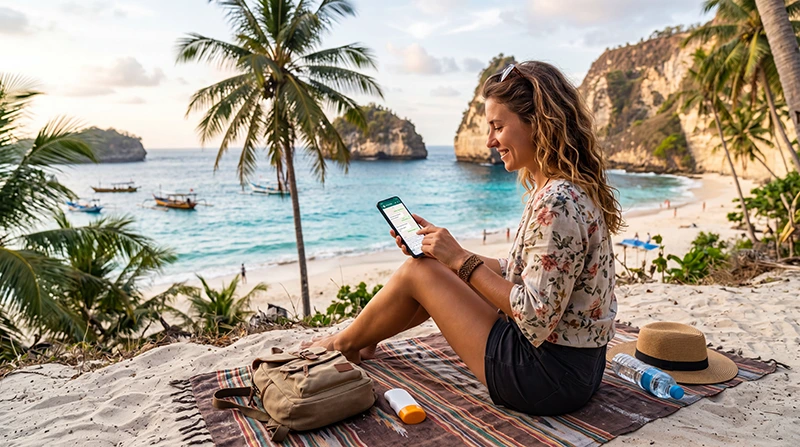 Traveler using WhatsApp on a smartphone while traveling in Indonesia with an eSIM connection