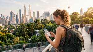 Traveler using WhatsApp while traveling in Malaysia