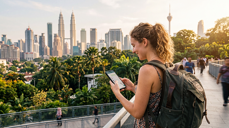 Traveler using WhatsApp while traveling in Malaysia