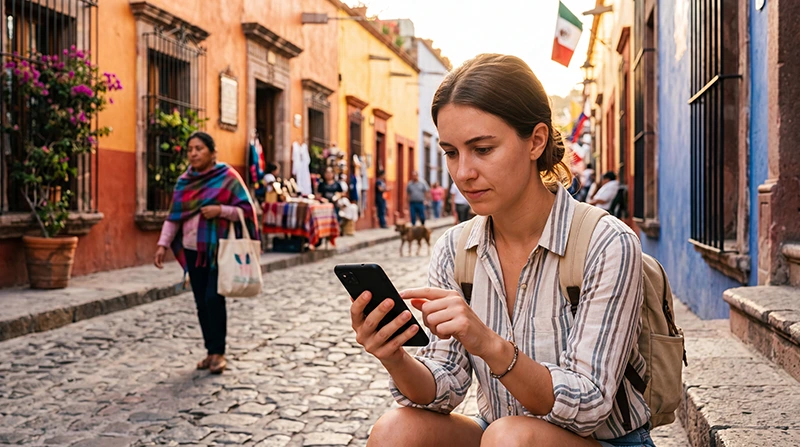 Traveler using WhatsApp on smartphone while connected with eSIM mobile data in Mexico