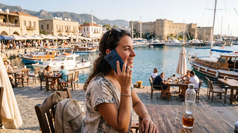 Traveler using WhatsApp with an eSIM in North Cyprus