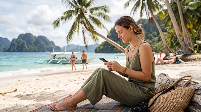 Traveler using WhatsApp on a smartphone while traveling in the Philippines