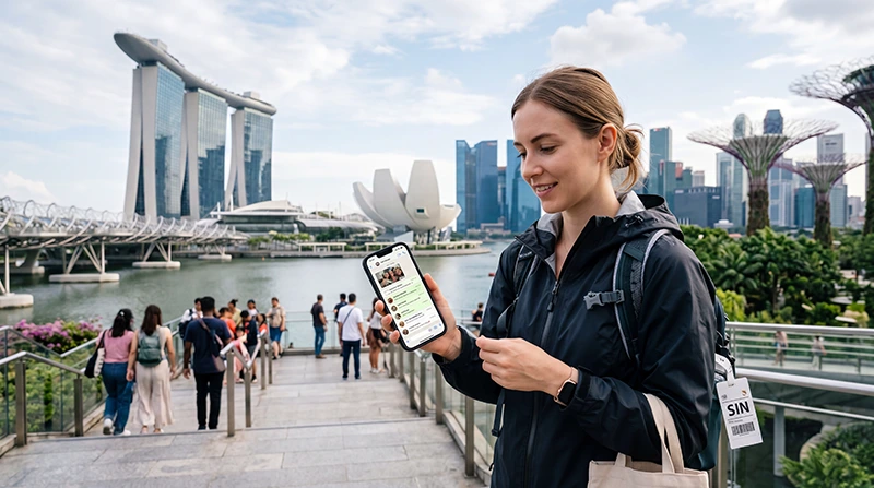 Tourist using WhatsApp in Singapore with eSIM mobile data at Marina Bay