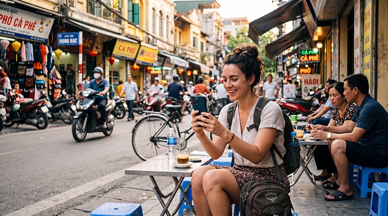 Traveler using WhatsApp while traveling in Vietnam