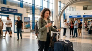 Tourist using an eSIM at Athens Airport after arriving in Greece