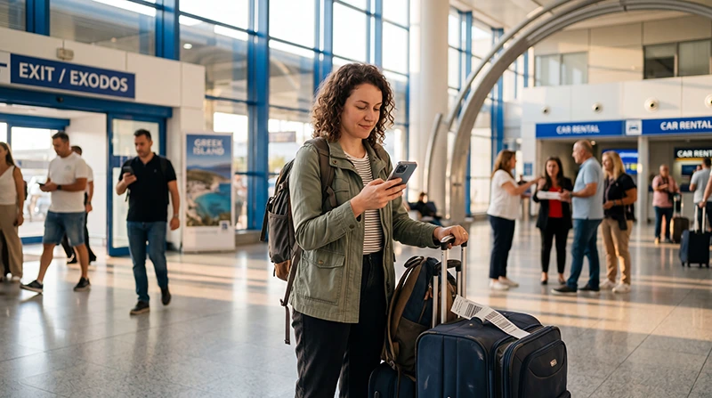 Tourist using an eSIM at Athens Airport after arriving in Greece