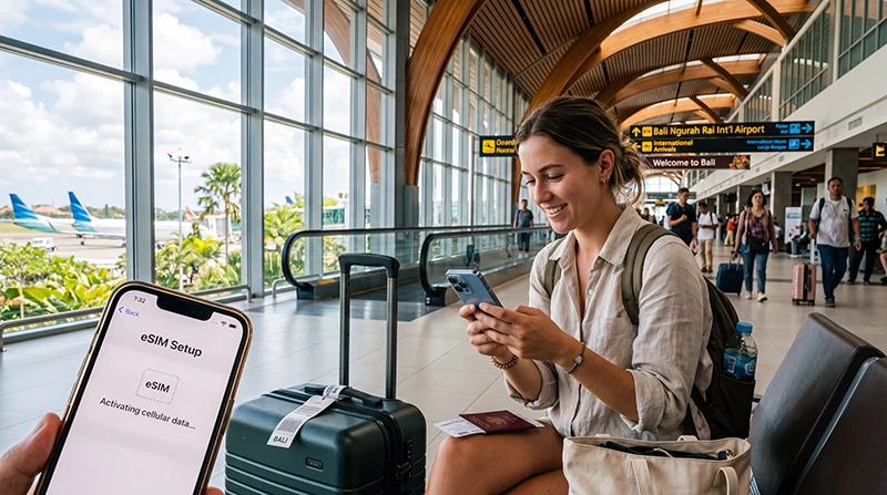 Traveler activating an eSIM on a smartphone after arriving at Bali Airport in Indonesia