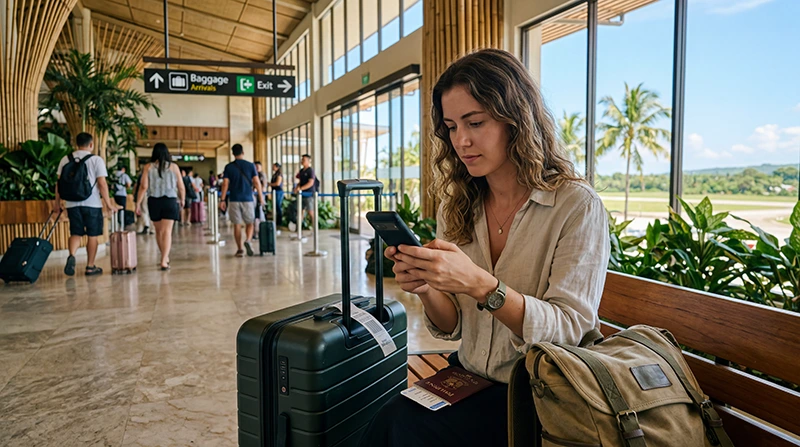 Traveler activating an eSIM after arriving at Bohol Panglao International Airport in the Philippines