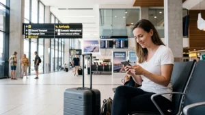 Traveler activating an eSIM at Brisbane Airport after arriving in Australia