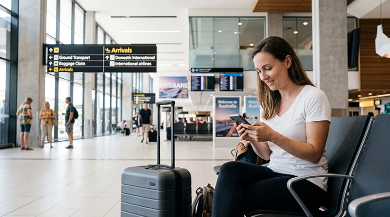 Traveler activating an eSIM at Brisbane Airport after arriving in Australia