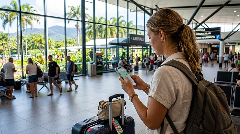 Traveler activating an eSIM at Cairns Airport after arriving in Australia