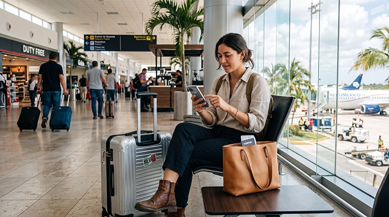 Traveler activating eSIM on smartphone after arriving at Cancun International Airport