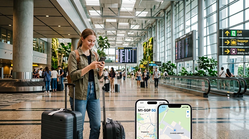 Traveler using Singapore eSIM at Changi Airport for mobile internet after arrival