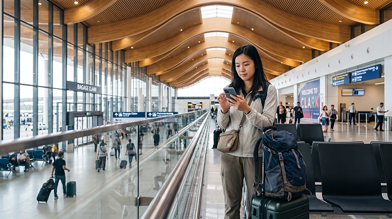 Traveler activating an eSIM after arriving at Clark International Airport in the Philippines