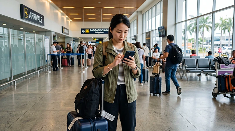 Traveler activating an eSIM after arriving at Davao International Airport in the Philippines
