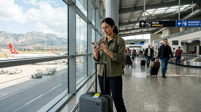 Traveler activating an eSIM after arriving at Ercan International Airport in North Cyprus