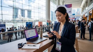Business traveler using eSIM for conferences in Singapore with mobile data, event apps and video meetings