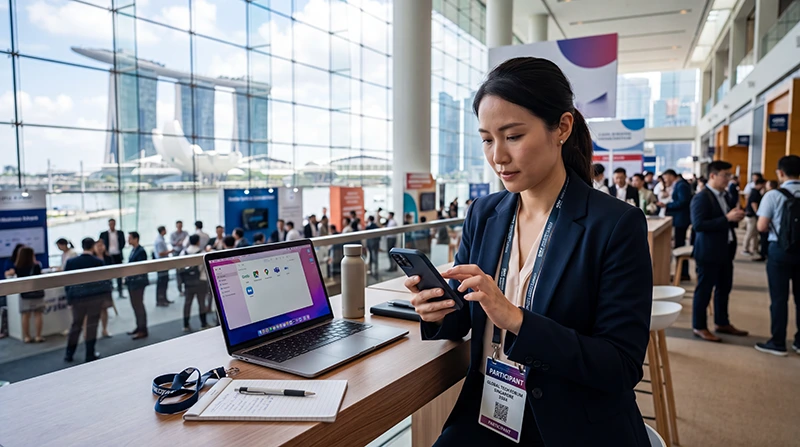 Business traveler using eSIM for conferences in Singapore with mobile data, event apps and video meetings