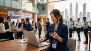 Business professional using an eSIM during a conference in Malaysia