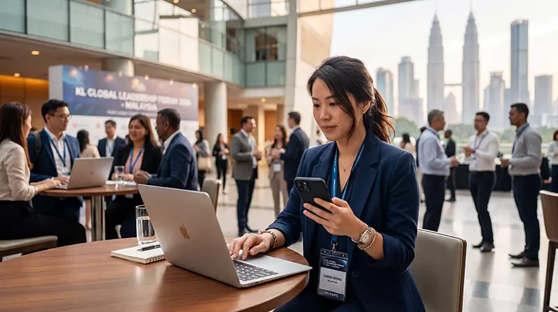 Business professional using an eSIM during a conference in Malaysia
