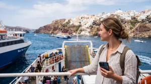 Traveler using an eSIM while island hopping between the Greek islands