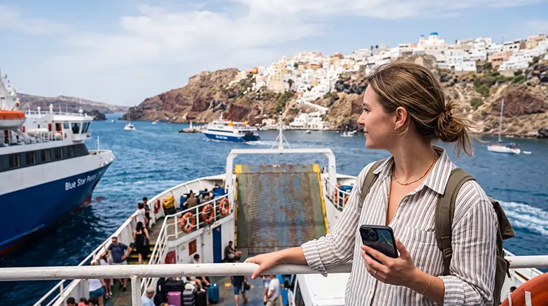 Traveler using an eSIM while island hopping between the Greek islands