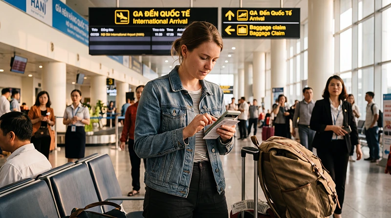 Traveler activating an eSIM after arriving at Hanoi Airport in Vietnam