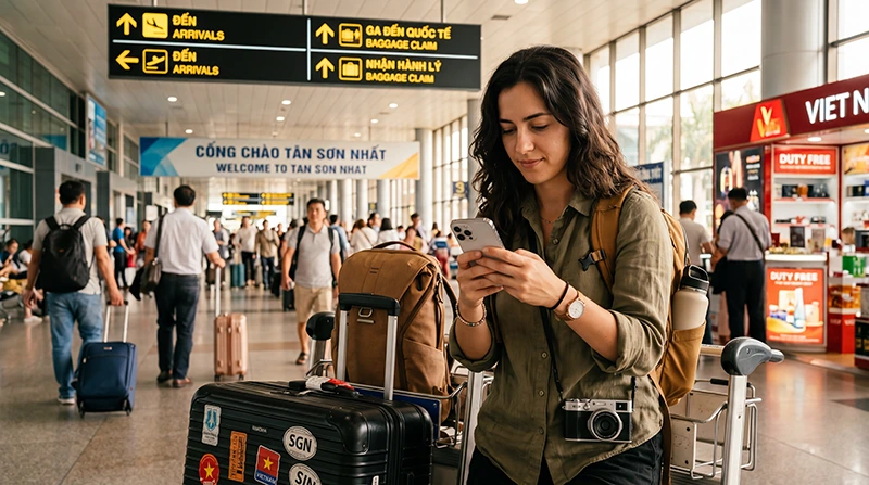 Traveler activating an eSIM after arriving at Ho Chi Minh City Airport in Vietnam