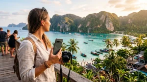Traveler using mobile internet while visiting Thailand and Indonesia with an eSIM