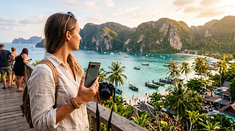 Traveler using mobile internet while visiting Thailand and Indonesia with an eSIM