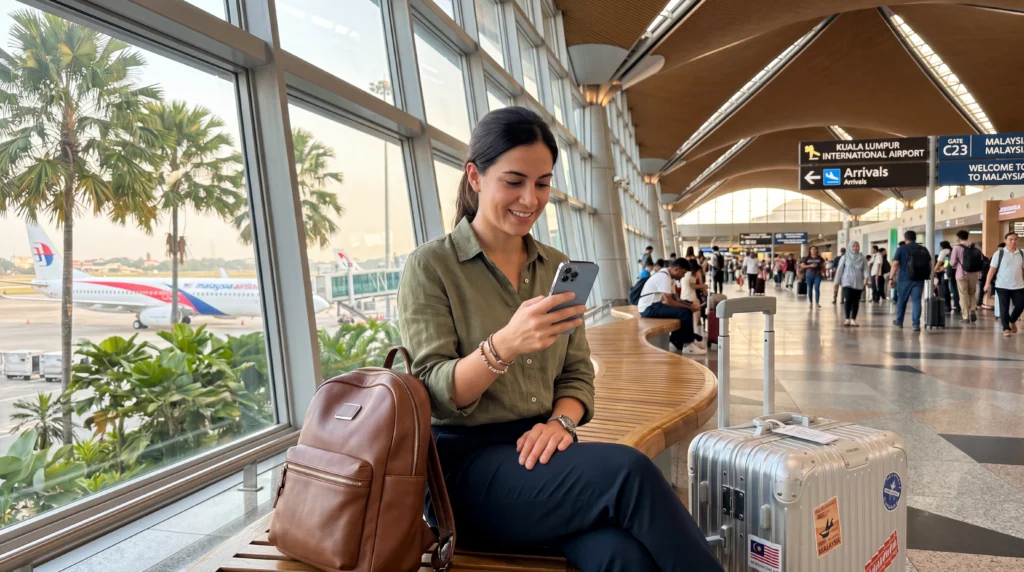 Traveler using an eSIM for mobile internet after arriving at Kuala Lumpur International Airport