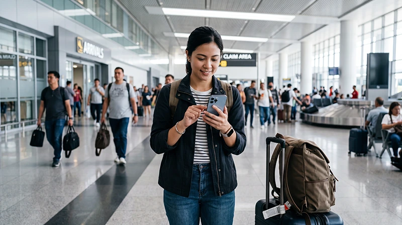 Traveler activating an eSIM after arriving at Manila Airport in the Philippines