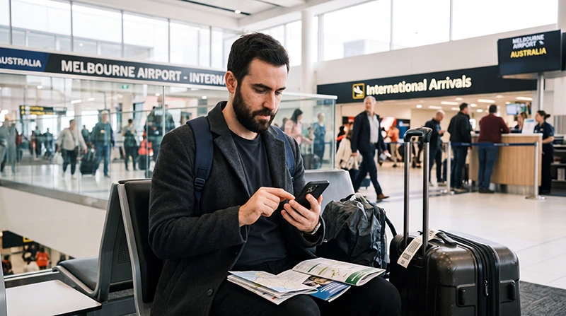 Traveler activating an eSIM at Melbourne Airport after arriving in Australia