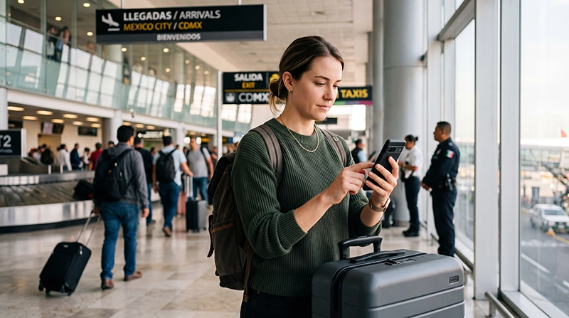 Traveler activating eSIM on smartphone after arriving at Mexico City Airport